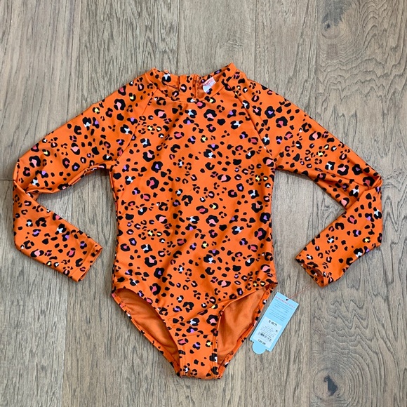 Cat & Jack Other - NWT Cat & Jack Orange Leopard Print Long Sleeve One-Piece Swimsuit Size Small